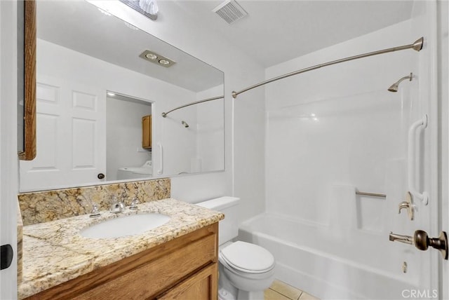 full bathroom with toilet, bathing tub / shower combination, tile patterned floors, visible vents, and vanity