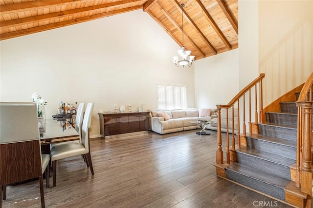 9653 La Tuna Canyon Rd, Sun Valley, CA 91352 - living room featuring wood ceiling, high vaulted ceiling, beam ceiling, stairway, and a chandelier