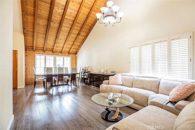 9653 La Tuna Canyon Rd, Sun Valley, CA 91352 - living area with wooden ceiling, an inviting chandelier, high vaulted ceiling, beamed ceiling, and hardwood / wood-style floors