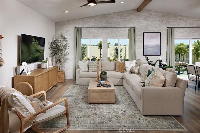living room with recessed lighting, ceiling fan, vaulted ceiling with beams, and wood finished floors
