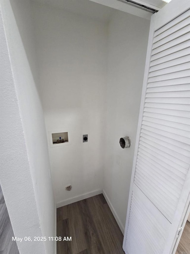 laundry area featuring wood finished floors, laundry area, hookup for an electric dryer, washer hookup, and baseboards