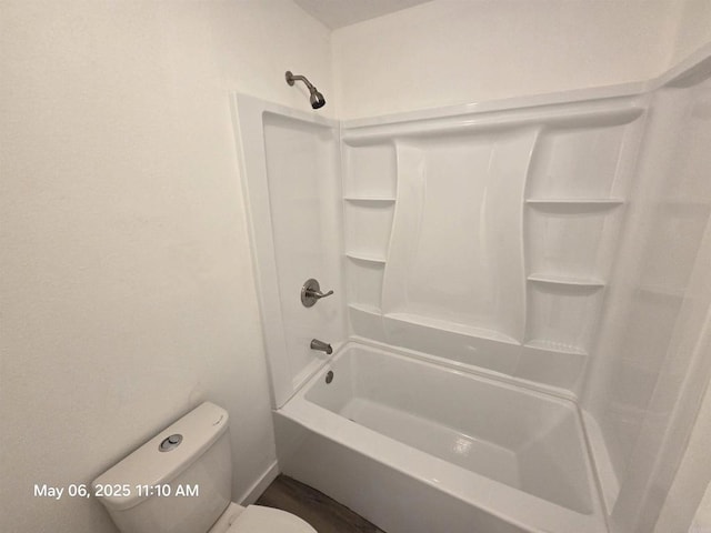 full bath with toilet and wood finished floors