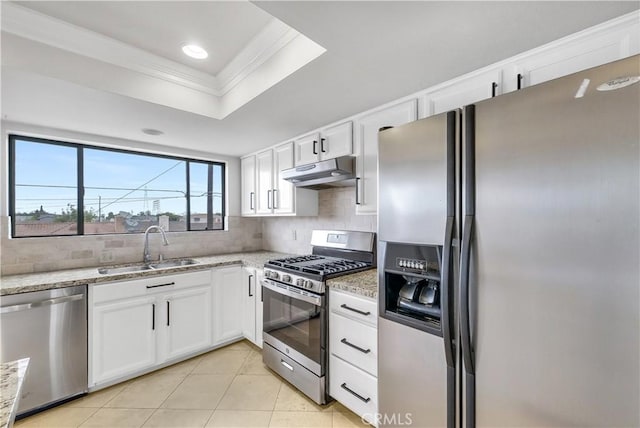 kitchen featuring under cabinet range hood, ornamental molding, a sink, stainless steel appliances, and tasteful backsplash