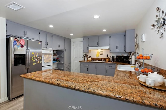 211 E Lurelane St, Rialto, CA 92376 - kitchen featuring under cabinet range hood, white appliances, visible vents, a sink, and a peninsula