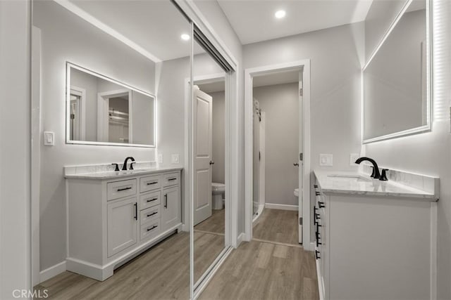 full bathroom featuring toilet, wood finished floors, and vanity
