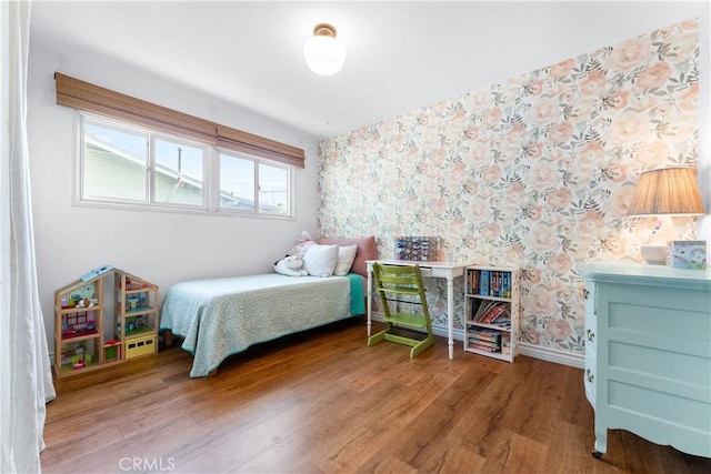 6023 Acacia Ave, Whittier, CA 90601 - bedroom featuring wood finished floors, baseboards, and wallpapered walls