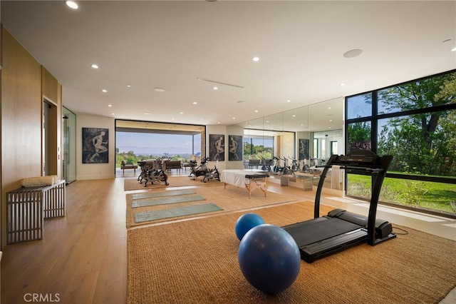 workout room with floor to ceiling windows, light wood-style floors, and recessed lighting