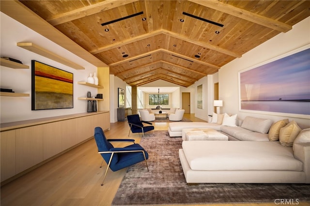 living room featuring lofted ceiling with beams, wooden ceiling, and wood finished floors