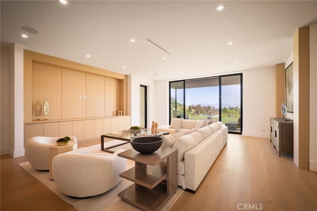 living area featuring baseboards, light wood-style floors, and recessed lighting