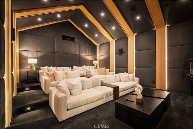cinema room featuring lofted ceiling