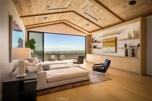 home theater featuring vaulted ceiling with beams, light wood-style flooring, wood ceiling, and built in shelves