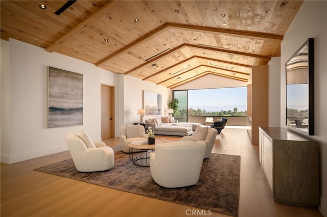 living room featuring wooden ceiling, wood finished floors, and lofted ceiling with beams