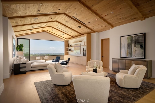 living room featuring vaulted ceiling with beams, wooden ceiling, and wood finished floors