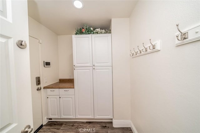 mudroom featuring baseboards and dark wood-style floors