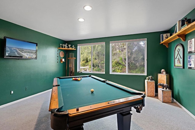 recreation room featuring carpet, billiards, baseboards, and recessed lighting