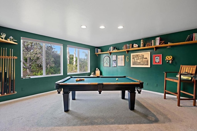 rec room featuring baseboards, pool table, recessed lighting, and carpet