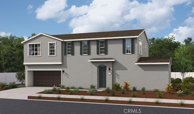 view of front of property featuring fence, a garage, driveway, and stucco siding