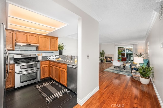 kitchen with appliances with stainless steel finishes, under cabinet range hood, a sink, crown molding, and backsplash