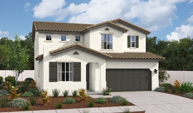 mediterranean / spanish-style house featuring a tile roof, fence, an attached garage, and driveway