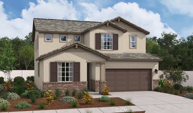 17461 Marion Mtn, Hesperia, CA 92345 - view of front of home featuring a garage, stucco siding, fence, concrete driveway, and brick siding
