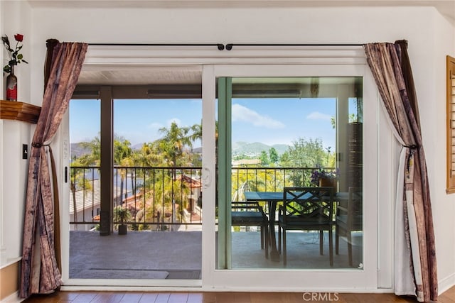 22255 Village Way Dr, Canyon Lake, CA 92587 - doorway with a mountain view and wood finished floors