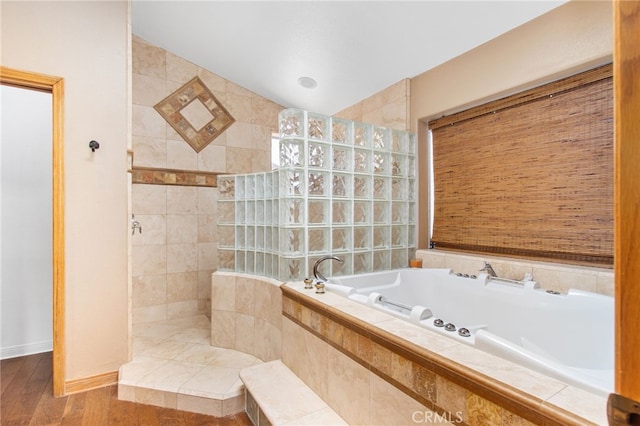 22255 Village Way Dr, Canyon Lake, CA 92587 - bathroom with walk in shower, a garden tub, and wood finished floors