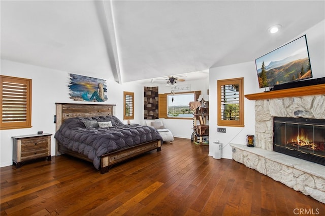22255 Village Way Dr, Canyon Lake, CA 92587 - bedroom featuring a stone fireplace, hardwood / wood-style floors, baseboards, and recessed lighting
