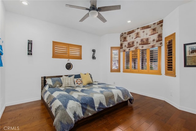 22255 Village Way Dr, Canyon Lake, CA 92587 - bedroom with hardwood / wood-style floors, recessed lighting, baseboards, and a ceiling fan