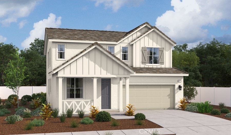 17469 Marion Mtn, Hesperia, CA 92345 - view of front of home with a garage, stucco siding, fence, board and batten siding, and driveway
