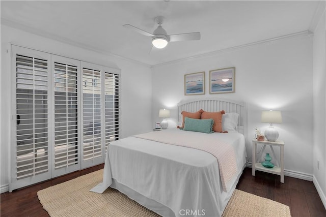 bedroom with baseboards, ornamental molding, ceiling fan, access to outside, and wood finished floors