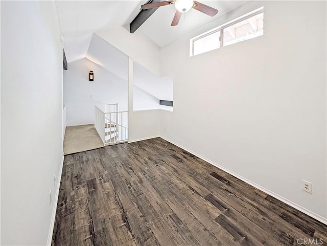 26770 Claudette St Unit 408, Canyon Country, CA 91351 - additional living space featuring a ceiling fan, lofted ceiling with beams, baseboards, and dark wood-type flooring