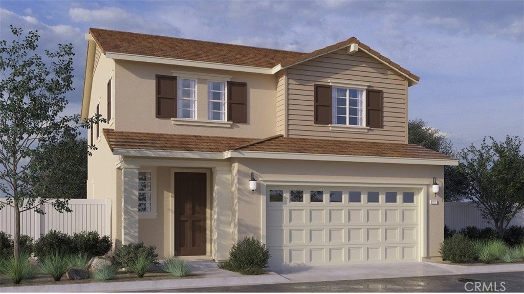 traditional-style home with fence, an attached garage, stucco siding, a shingled roof, and concrete driveway