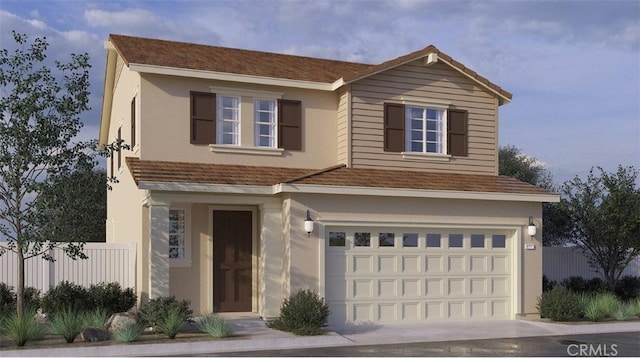traditional-style home with fence, an attached garage, stucco siding, a shingled roof, and concrete driveway
