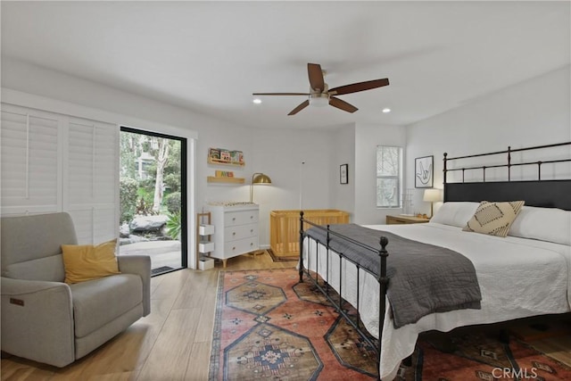 bedroom with access to exterior, light wood-style flooring, recessed lighting, and a ceiling fan