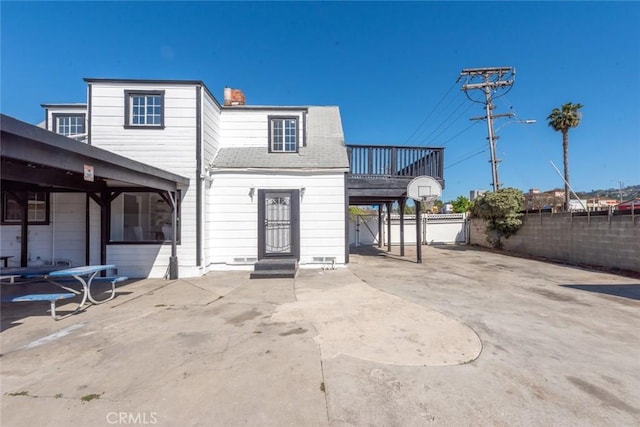 1949 Lancewood Ave, Hacienda Heights, CA 91745 - rear view of property with fence, a chimney, a shingled roof, entry steps, and a patio