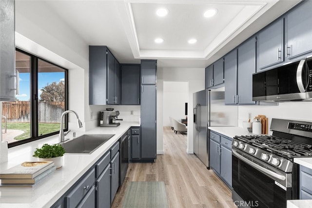 kitchen featuring a sink, stainless steel appliances, light countertops, a raised ceiling, and light wood-style floors