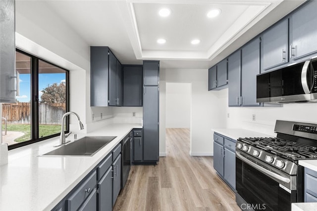 kitchen with a sink, appliances with stainless steel finishes, a raised ceiling, light wood-style floors, and recessed lighting