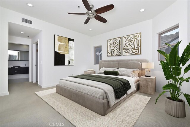 5016 Bakman Ave Unit 306, North Hollywood, CA 91601 - bedroom with a ceiling fan, recessed lighting, baseboards, carpet flooring, and visible vents