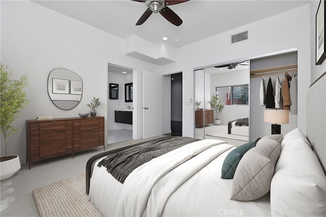 5016 Bakman Ave Unit 306, North Hollywood, CA 91601 - bedroom featuring a closet, carpet floors, ensuite bathroom, visible vents, and recessed lighting