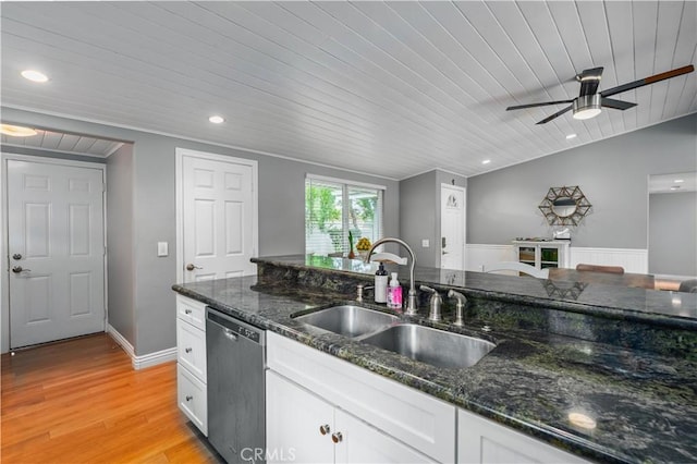 kitchen featuring wooden ceiling, white cabinetry, stainless steel dishwasher, and a sink