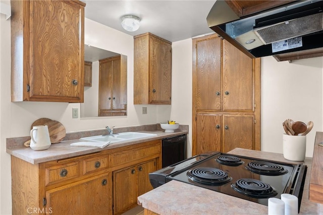 660 Stanley Ave, Long Beach, CA 90814 - kitchen featuring a sink, brown cabinetry, black appliances, under cabinet range hood, and light countertops