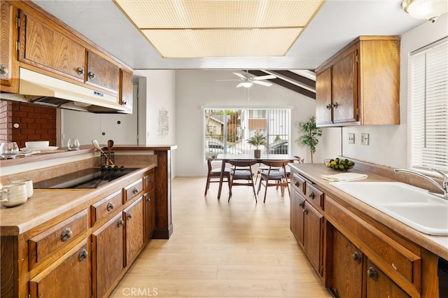 660 Stanley Ave, Long Beach, CA 90814 - kitchen featuring a sink, lofted ceiling, black electric stovetop, under cabinet range hood, and ceiling fan