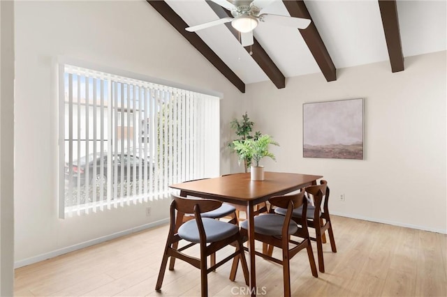 660 Stanley Ave, Long Beach, CA 90814 - dining room with baseboards, light wood-style flooring, a ceiling fan, and vaulted ceiling with beams