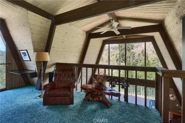 60027 Cascadel Dr S, North Fork, CA 93643 - living area with carpet flooring, healthy amount of natural light, a ceiling fan, and wood ceiling