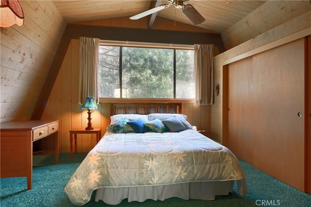 60027 Cascadel Dr S, North Fork, CA 93643 - bedroom featuring carpet floors, wooden walls, wood ceiling, and a ceiling fan