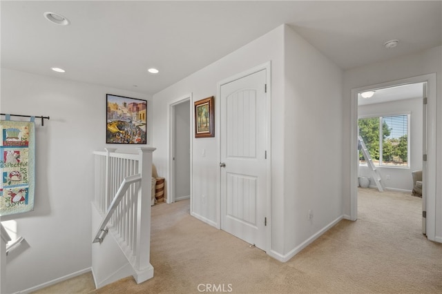 12200 White Rapids Way, Bakersfield, CA 93311 - hall featuring an upstairs landing, light colored carpet, baseboards, and recessed lighting
