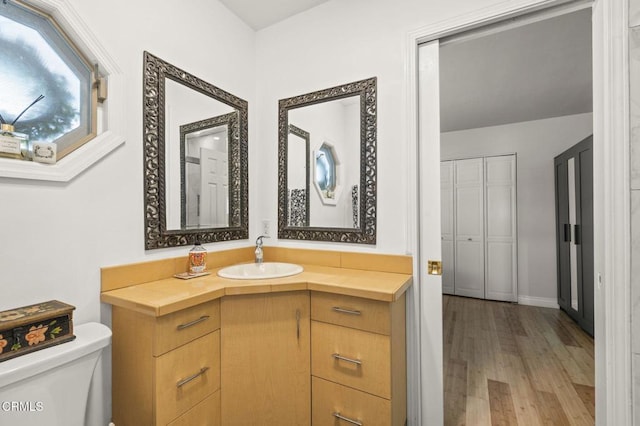 bathroom featuring toilet, vanity, and wood finished floors