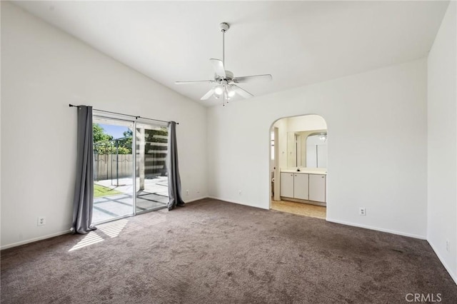 unfurnished room featuring a ceiling fan, carpet flooring, and baseboards