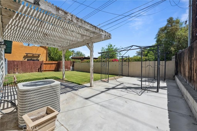 view of patio / terrace with central air condition unit, a pergola, and a fenced backyard