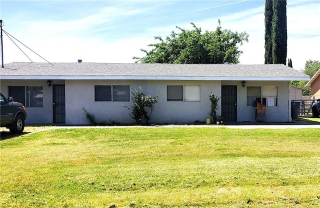 single story home featuring roof with shingles, stucco siding, and a front lawn